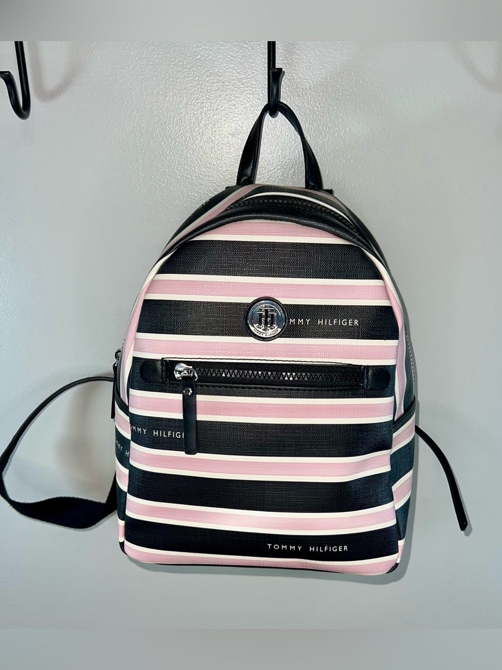 Tommy Hilfiger Pink and Black Stripes Mini Backpack